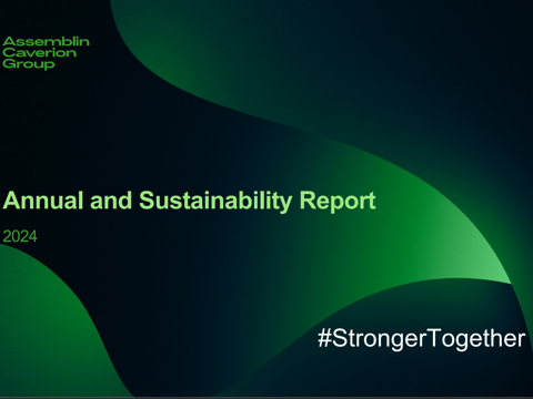 Dark green background with the text Assemblin Caverion Group Annual and Sustainability report 2024 #StrongerTogether